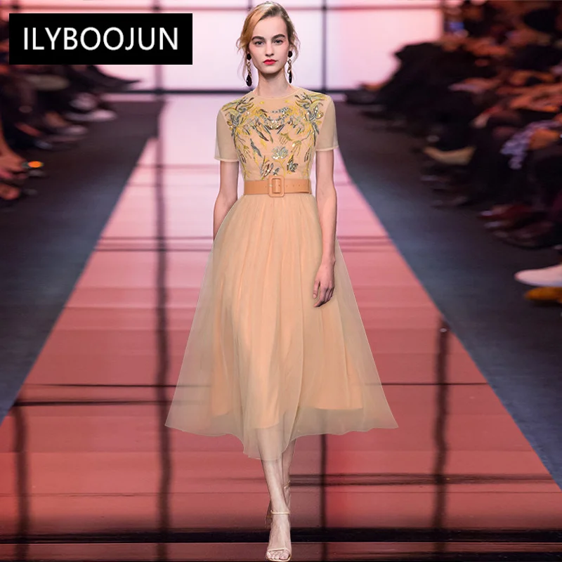 

Elegant Dresses For Women 2022 Luxury Designer Runway Summer Short Sleeve Elegant Sequin Embroidery Mesh Vintage Party Dresses