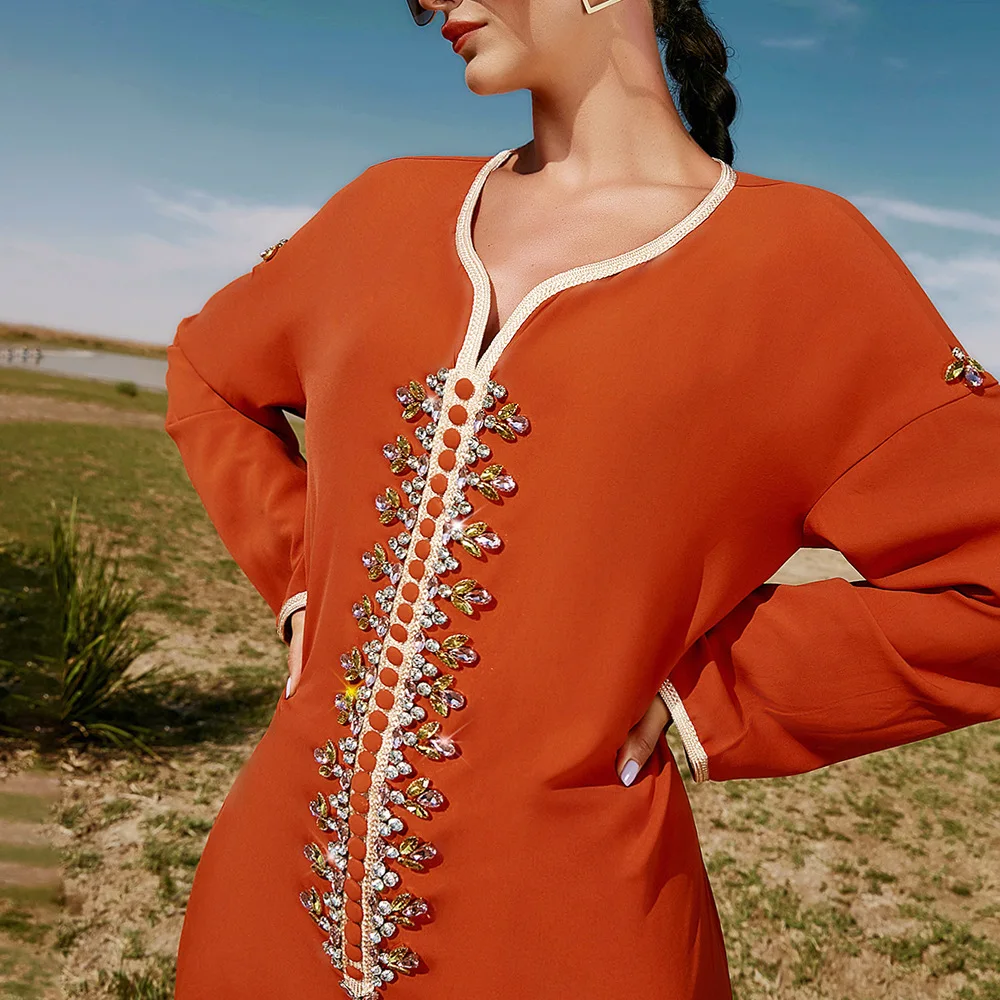 Robe Femme Musulmane Orange Long Dress Diamonds Neckline Ribbon Splicing Dubai Tourist Ladies Arab Dress Abayas For Women