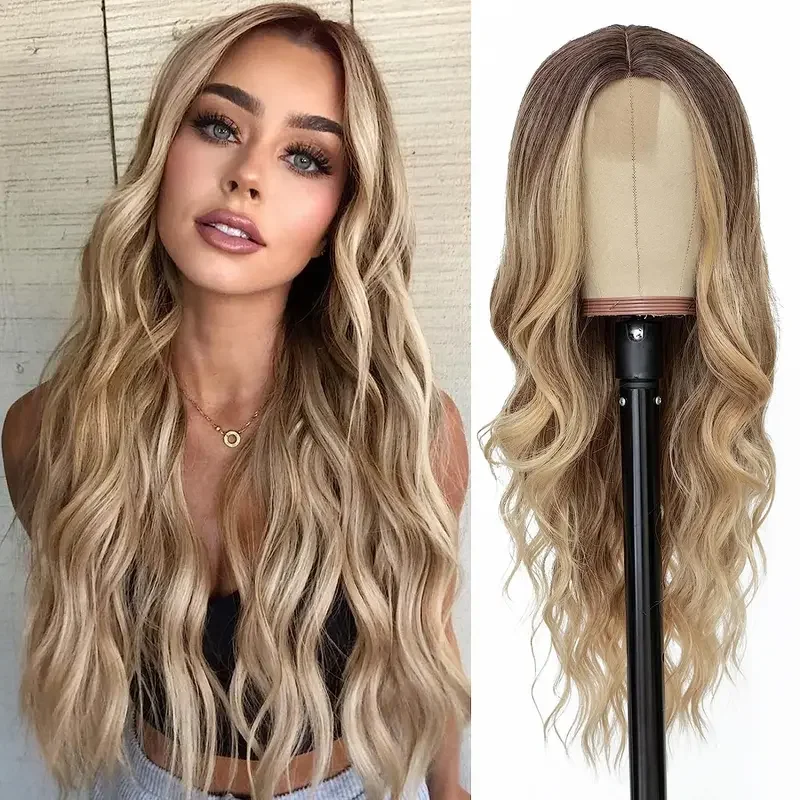Фото Синтетический длинный кружевной парик Ombre Blonde, волнистый парик для женщин, 26 дюймов, средняя часть, вьющиеся, естественно выглядящие, термостойкое волокно на каждый день №1