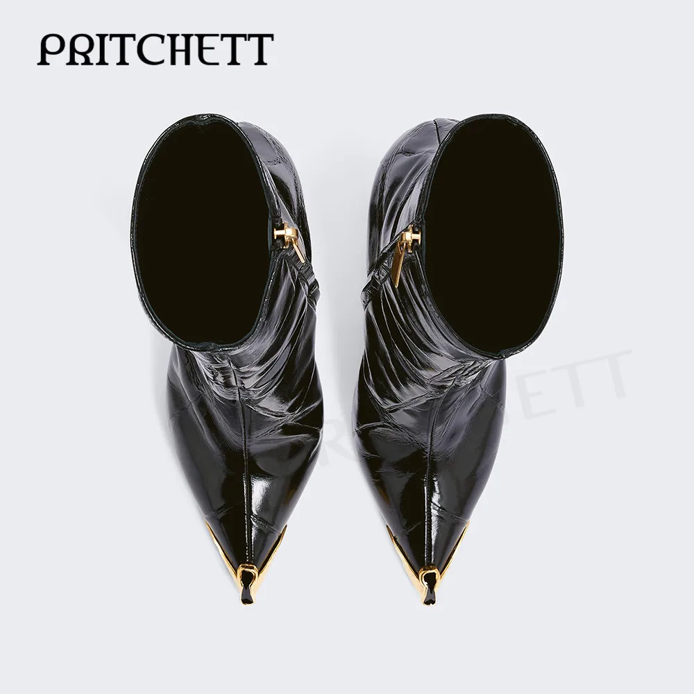 Черные лакированные кожаные ботильоны с боковой молнией металлический острый