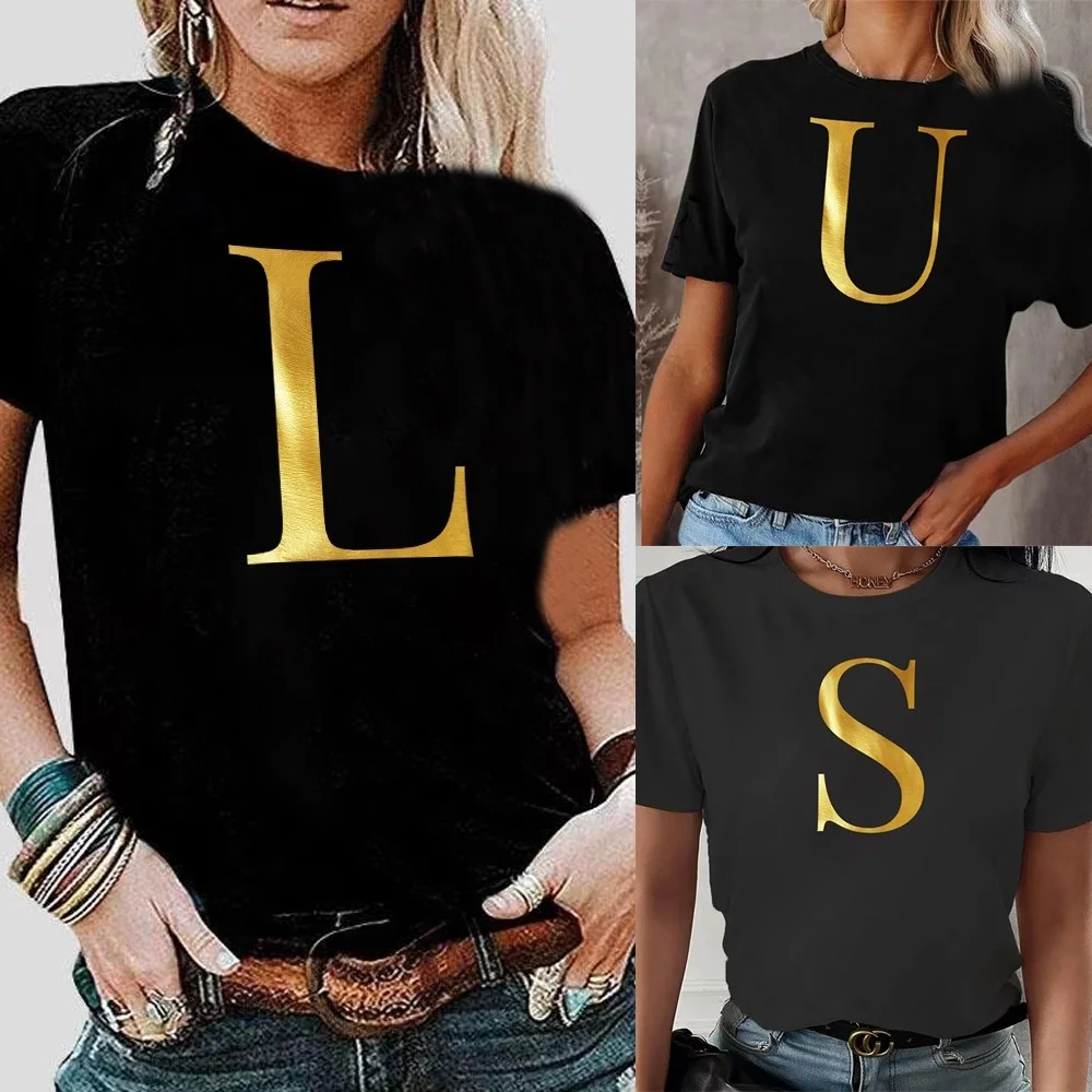 

Woman Summer Round Neck Short Sleeves T-shirt 26 English Letter Series Print Short Sleeve Fashion Stretched Summer Home Tee