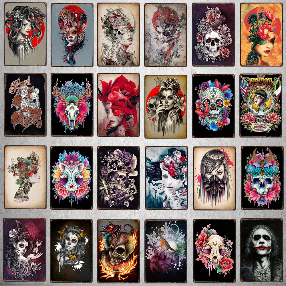 

Sugar Skull Plaque Metal Vintage Horror Tin Sign Wall Bar Restaurant Home Art Cinema Tattoo Shop Decor Poster