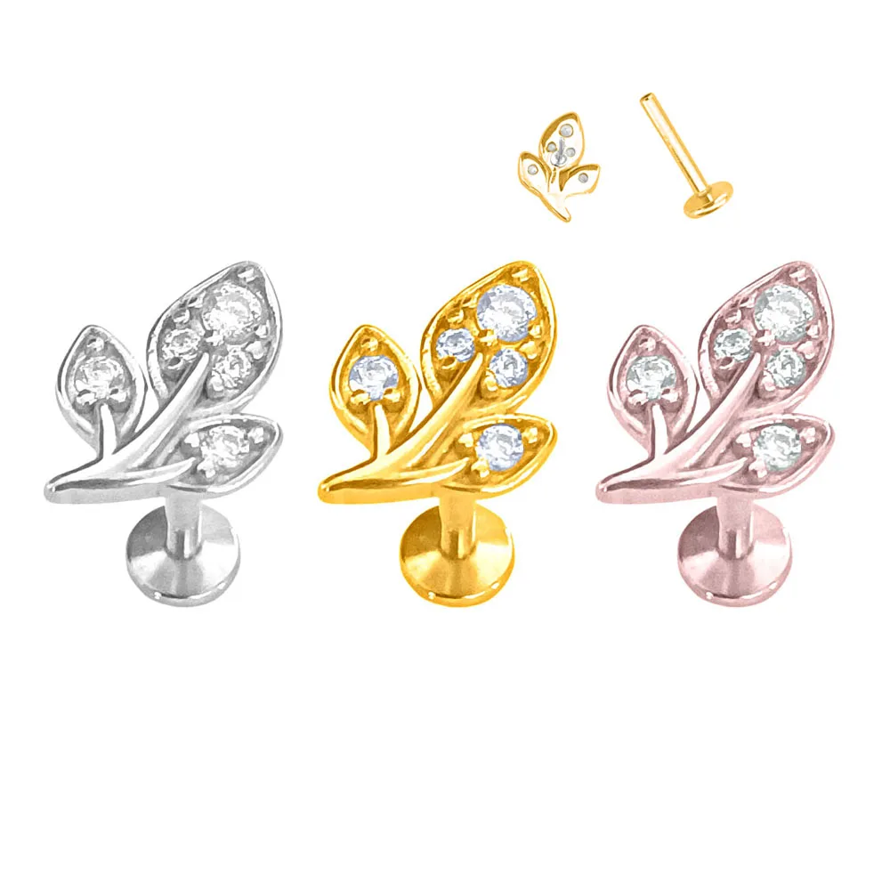 

316L Surgical Steel Leaf Threadless Piercing CZ Zircon Pin Push in Labret Stud Flower Leaf Conch Daith Earring 16G 18G 20G