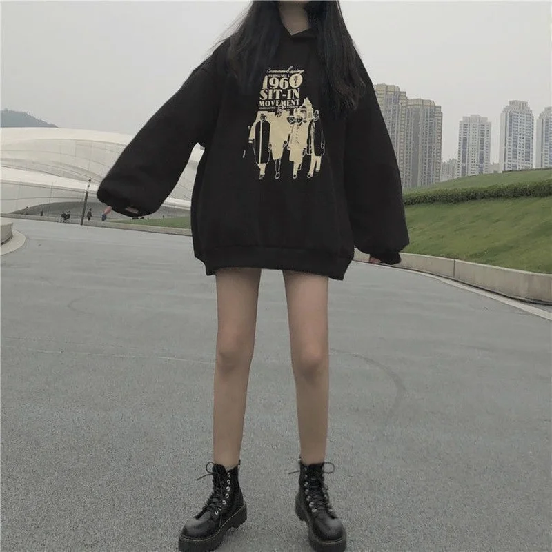 

QWEEK Hooded Sweatshirts Harajuku Preppy Style Pullover Black Hoodie Oversized Long Sleeve Bf Style Cool Outerwear Kpop Clothes