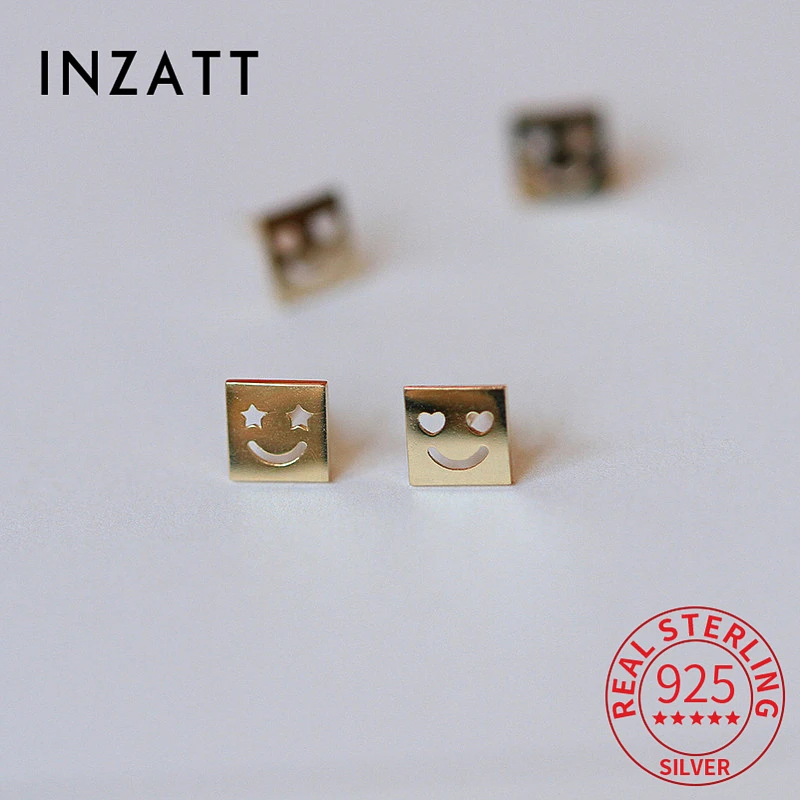 

INZATT Real 925 Sterling Silver Asymmetrical Square Face 14K Gold Stud Earrings For Charm Women Classic Fine Jewelry Accessories