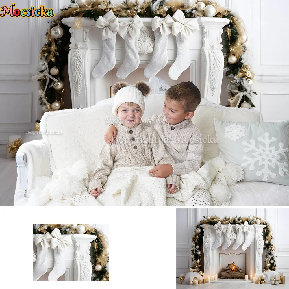

White Christmas Fireplace Backdrop Retro Wall Candle Socks Decoration Background Family Kids Interior Studio Photoshoot Supplies