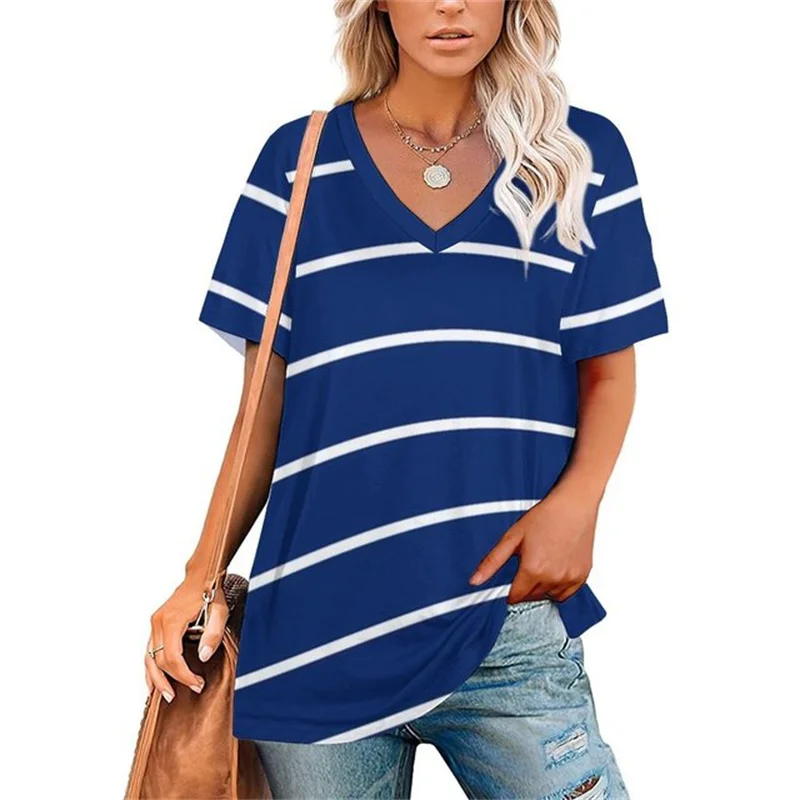 

Nautical Blue Women T-Shirt White Stripes Print Korean Style V Neck T-Shirt Short-Sleeve Retro Oversized Tee Summer Pattern Tops