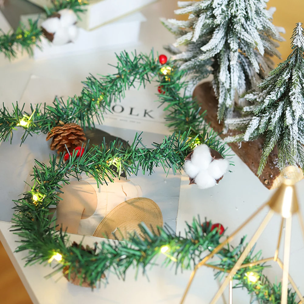 

Artificial Christmas Rattan DIY Garland Wreath Xmas Tree Hanging Ornaments Fake Cotton Pine Cone String Lights Home Party Decor