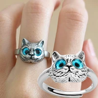 vintage gothic blue eye cat face opening metal ring for women men retro fashion silver color female party wedding jewelry gifts