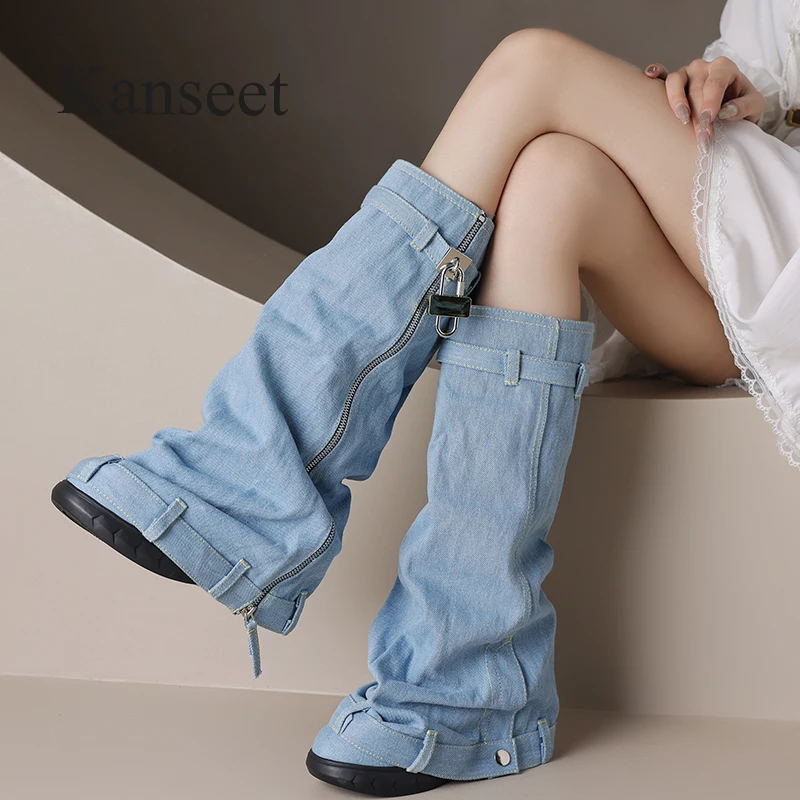 

Kanseet Women Knee-High Boots Round Toe Wedges Fashion Long Boots Lady Elegant High Heels Boots 2023 Autumn Winter Shoes Size 46