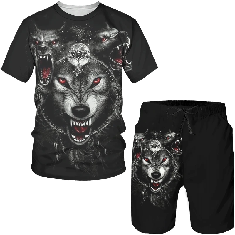 Summer 3D Wolf Printed Men's T-Shirt/Suit Hip Hop O-Neck Short Sleeve Tees&Shorts Two Piece Set Cool Animal Sportswear Tracksuit