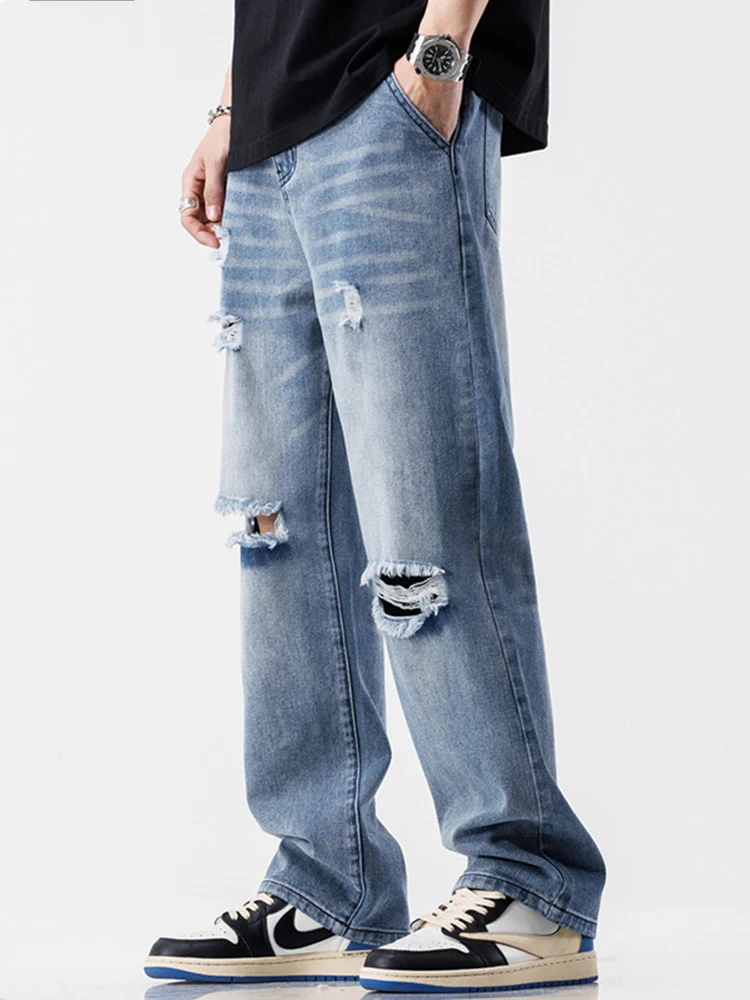 Men's Loose Fit Casual Jeans - Baggy Pants with Holes and Rips American Wide-legged Straight Jeans with Holes and Torn Design