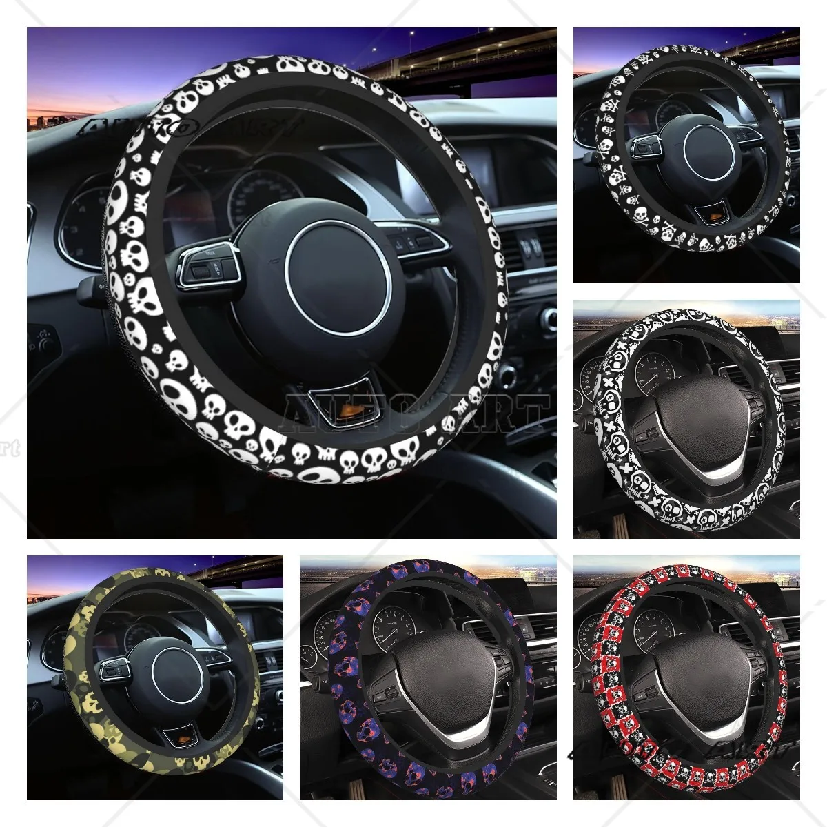 Чехол на руль белый череп готический ужас черный неопреновый чехол