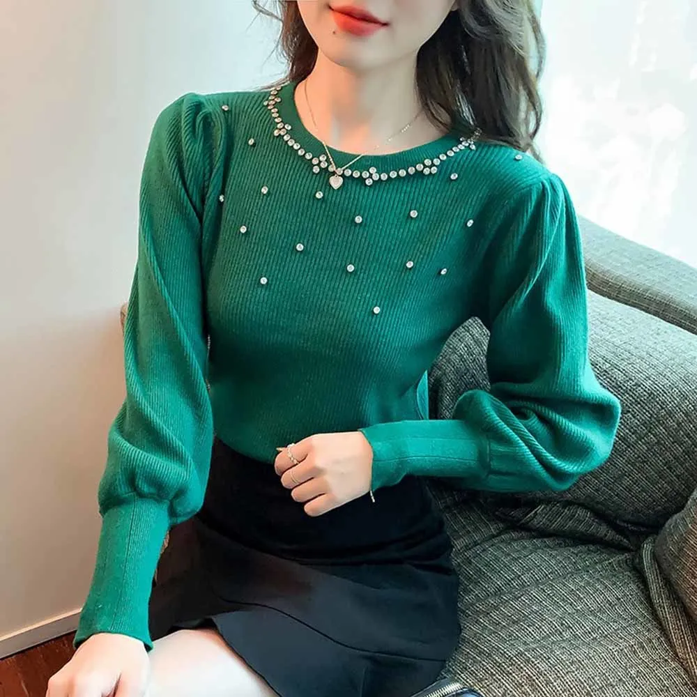 

Knitted Top Women's Simple 2022 New Temperament Lantern Sleeve Nail Bead Heavy Industry Spring Sweater