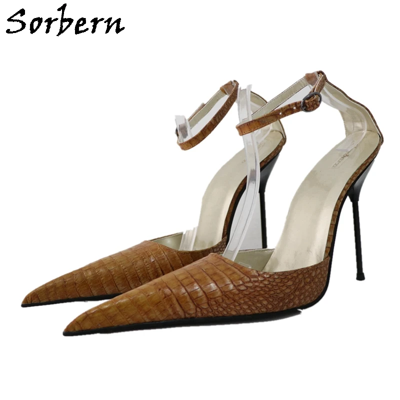 

Sorbern Sexy Brown Crocodile Ankle Strap Pumps Women Pointy Toes Metal High Heel 13Cm Stilettos Sissy Boy Night Club Footwear