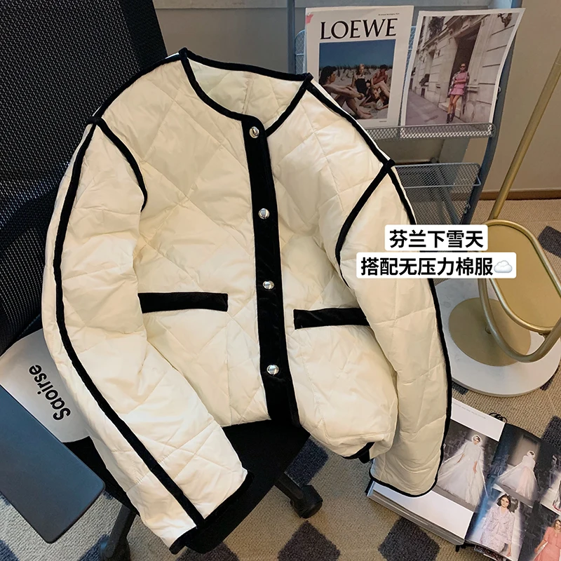 

Korean White Argyle Plaid Cotton-Padded Jacket Women Vintage Long Sleeve Short Coat Autumn Winter Light Thin Elegant Outerwear