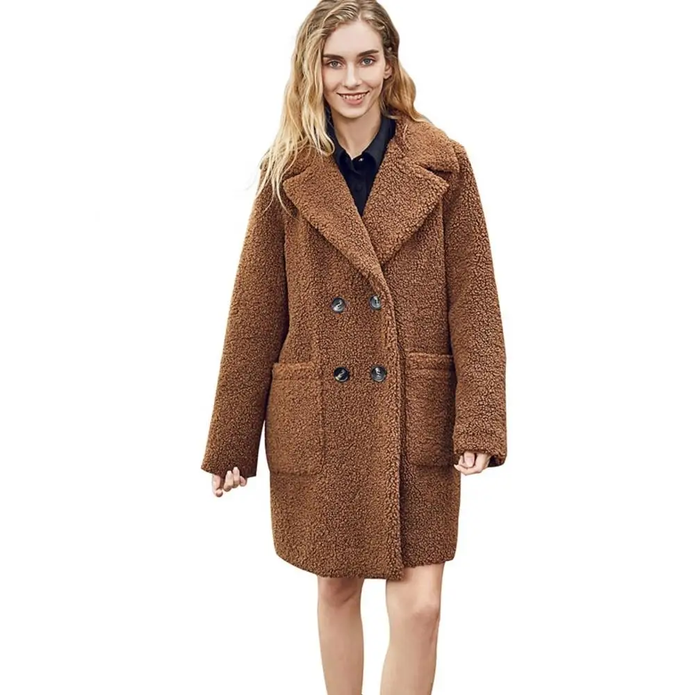 Winter Women double-breasted Real Fur Coat Fashion Designer Long Simple Thermal Coat Lapel Pure Color Leisure Fur Women Jacket