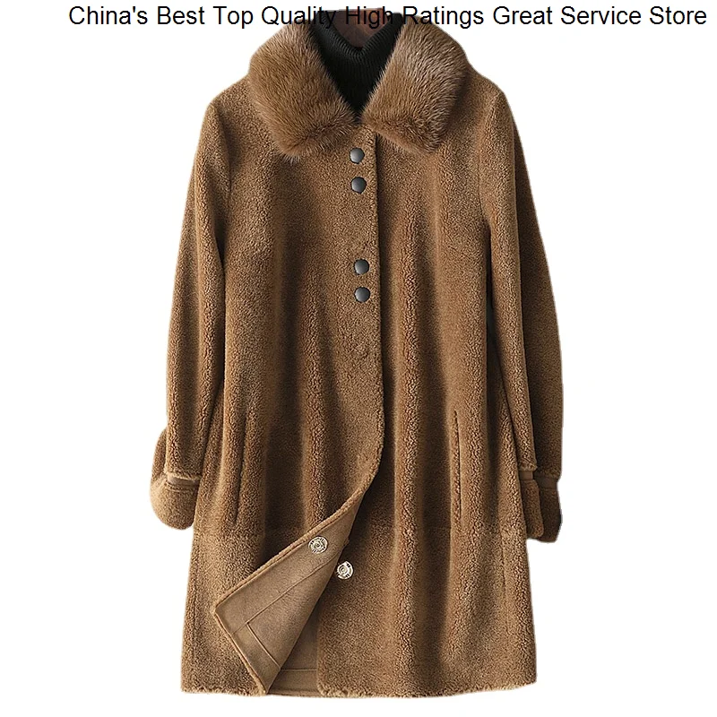 

Winter Woman Sheep Shearing Hwitex Coat Official Lady MInk Fur Collar Trench Wool Long Jacket HW5109