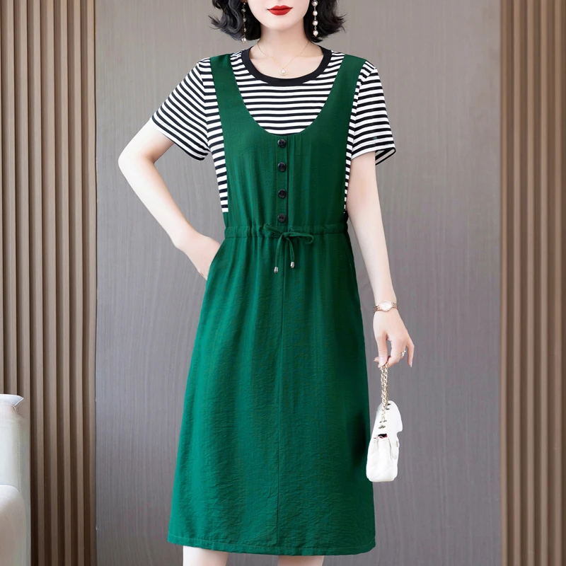 

Длинное платье с имитацией двух частей, женские летние повседневные женские платья 2023 с коротким рукавом, летняя винтажная одежда в Корейском стиле