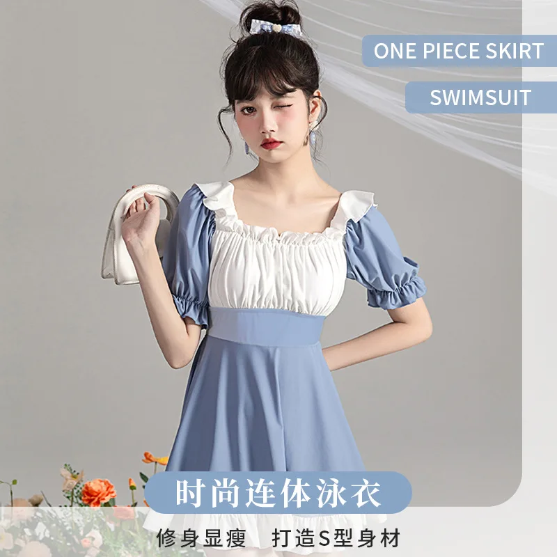 

Women One-piece Swimsuit with Ruffle Bubble Sleeve Beach Dress Blue Swimwear High-waisted Bathing Suit for Students Teenage Girl