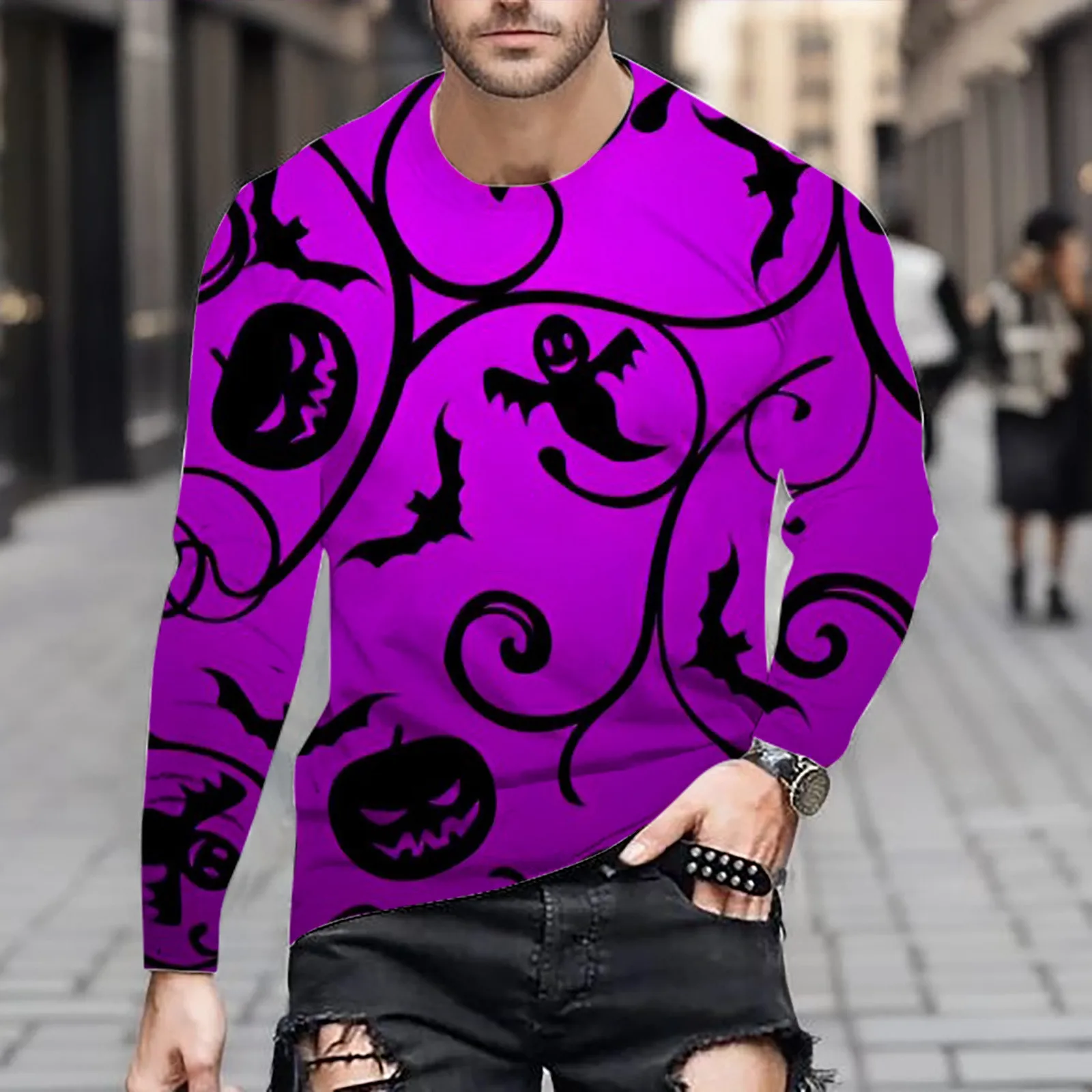 

Мужская футболка на Хэллоуин, модные топы с длинным рукавом, приталенная Повседневная Осенняя Футболка с воротником, футболка для фитнеса, футболка, топ