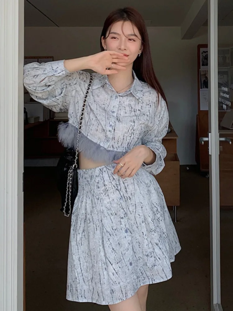 

Женский комплект из 2 предметов, элегантный повседневный костюм из юбки мини с принтом и перьями, весна-осень 2023