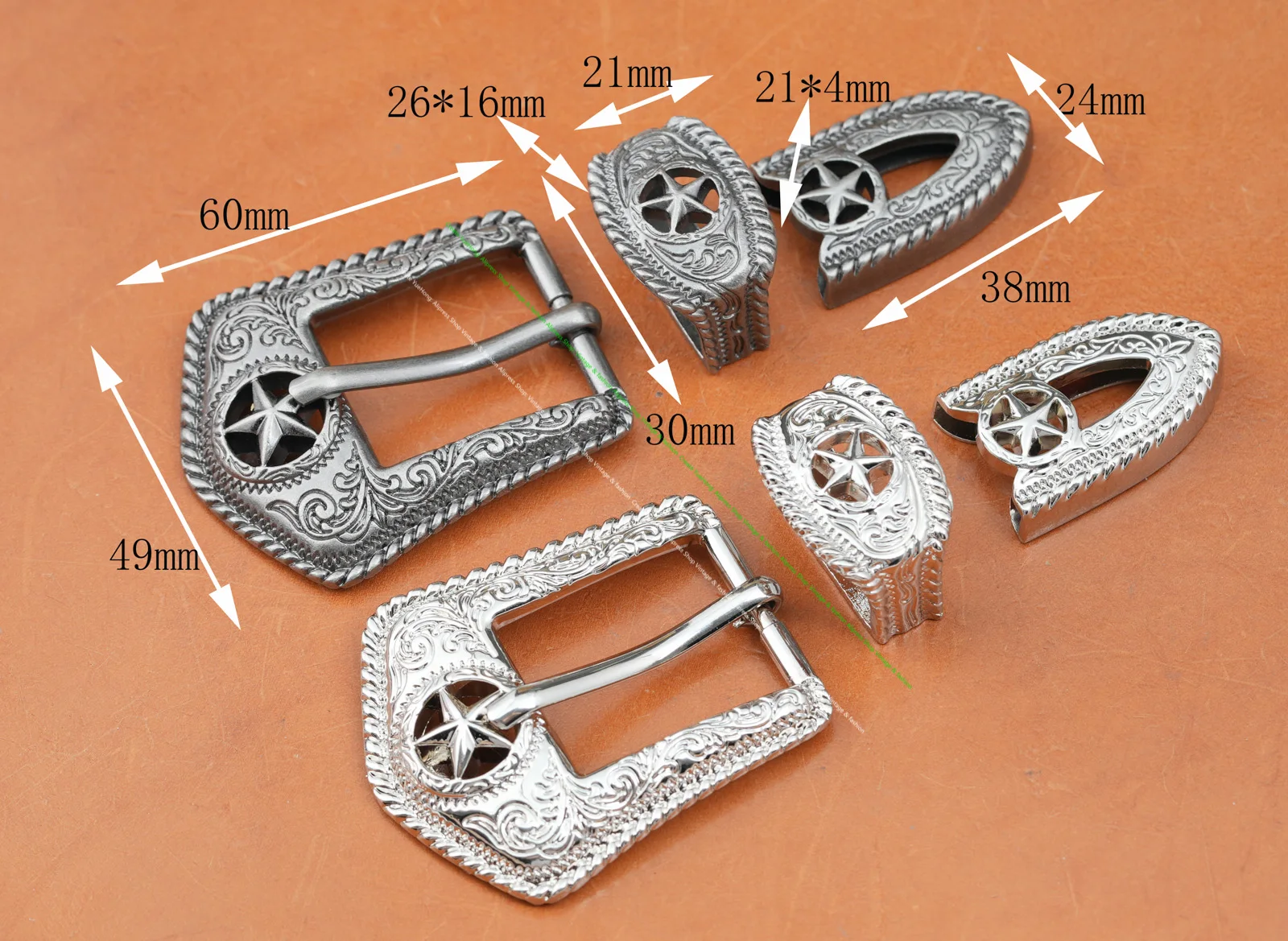 Фото Серебряный набор пряжек для ремня в стиле вестерн с техасской звездой, 3 предмета, филигранная гравировка, для кожаных ремней шириной 1 дюйм №2