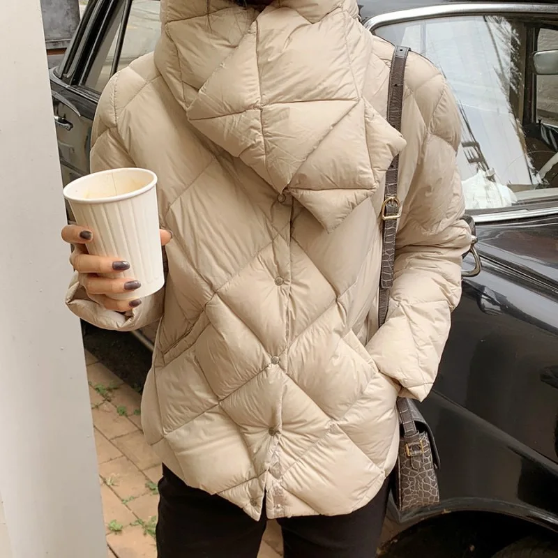 

Women's Parka Loose Check Single Breasting Pocket Padded Jacket Female Solid Warm Detachable Bib Coat Winter Black Apricot