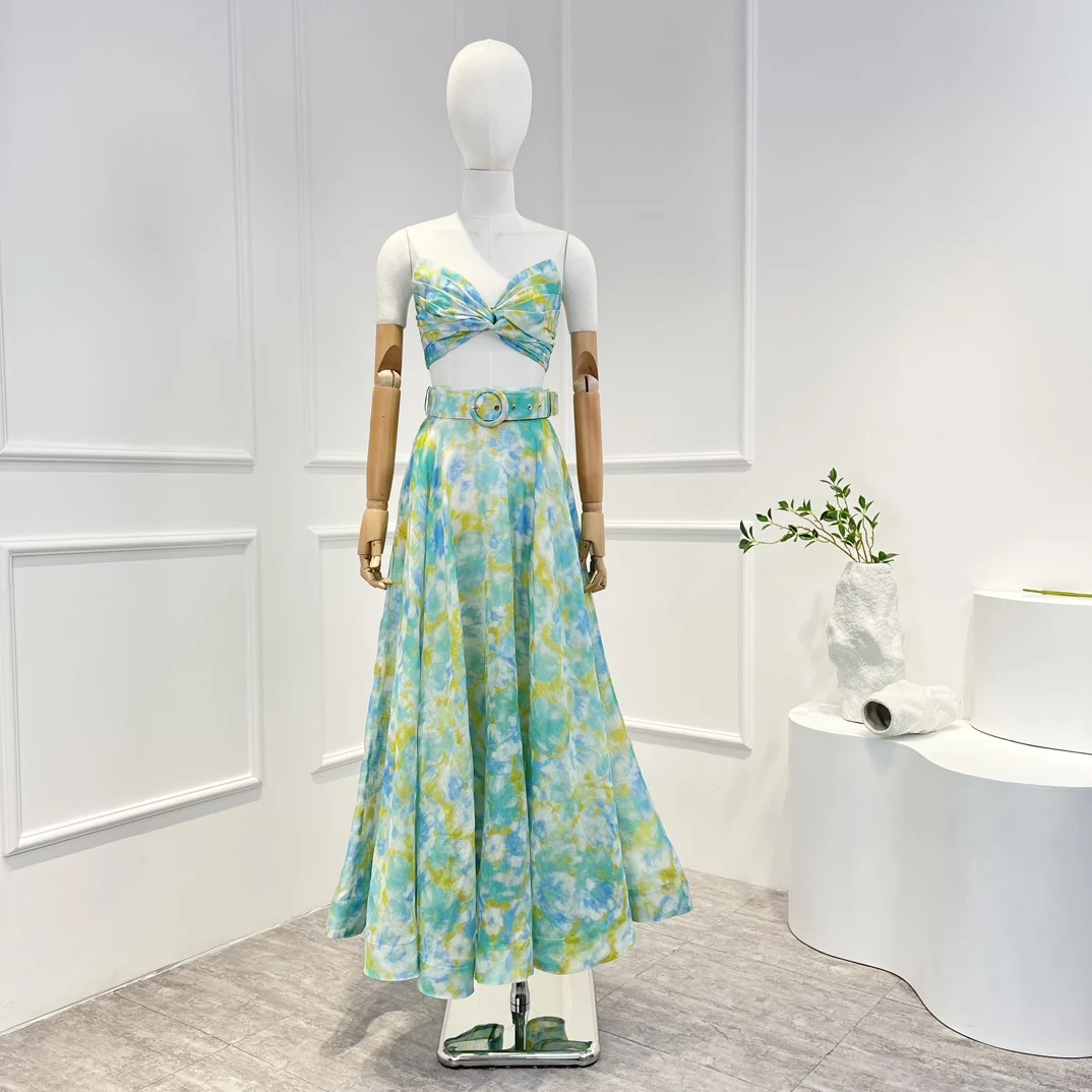 

2022 Hot Sale Top Quality Linen Silk Holiday Blue Tie-dye Printing Bra Midi Skirt Matching Set for Women