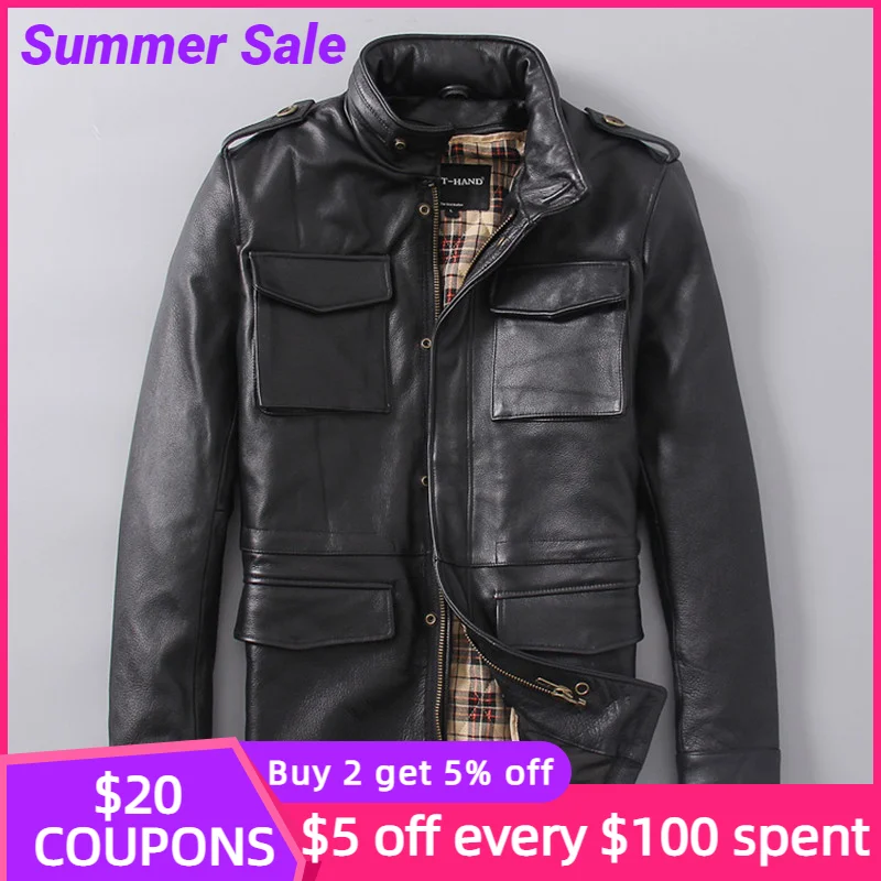 Мужская кожаная куртка в стиле милитари черная длинная зимняя из натуральной