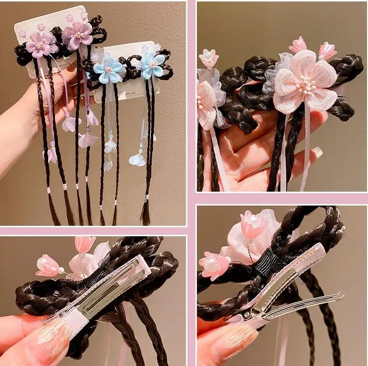

1Pair Acrylic Lace Flower Hairpins with Wig Fashion Girl Tassels Ribbons Hair Clips Pins Children Cosplay Headwear Hair Accessor