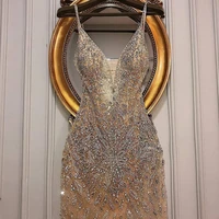 2022 champagne luxurious crystals beaded evening dresses sexy sheath sexy gowns stunning short tulle cocktail party