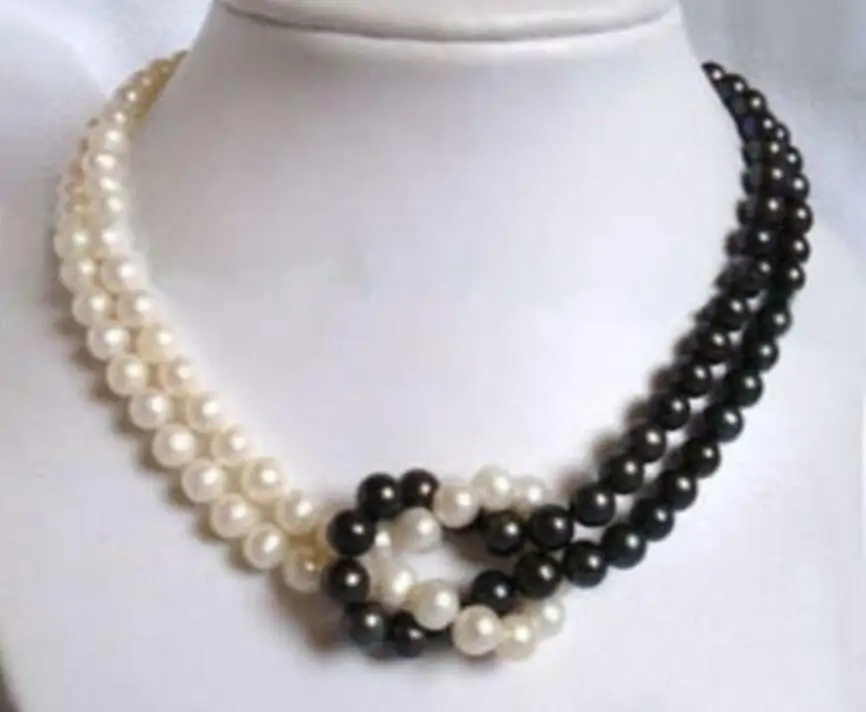 

2 Rows 7-8mm white black Akoya Pearl Necklace 18"