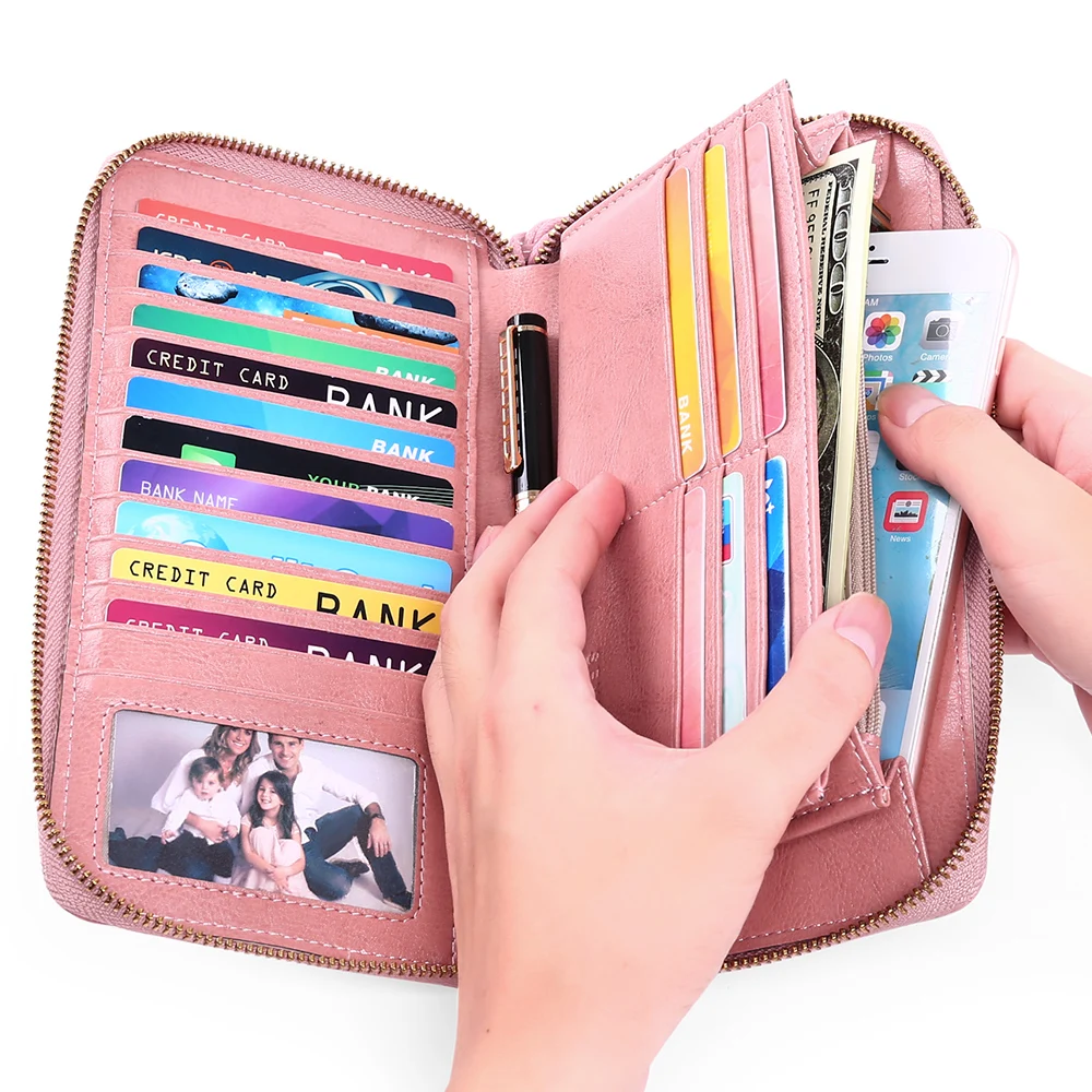 Wallets for Women Large Capacity Zipper Coin Purse Genuine Leather Card Holder Multi Card Organizer Cell Phone Wristlet Handbag