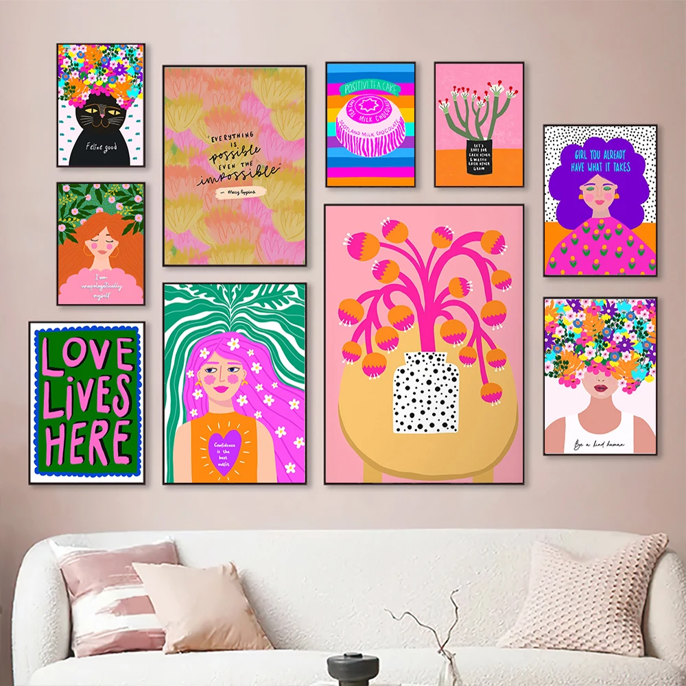

Flower Plants Nordic Posters And Print Be a Kind Human Girl Wall Art Canvas Painting Home Decor Pictures For Living Room Bedroom