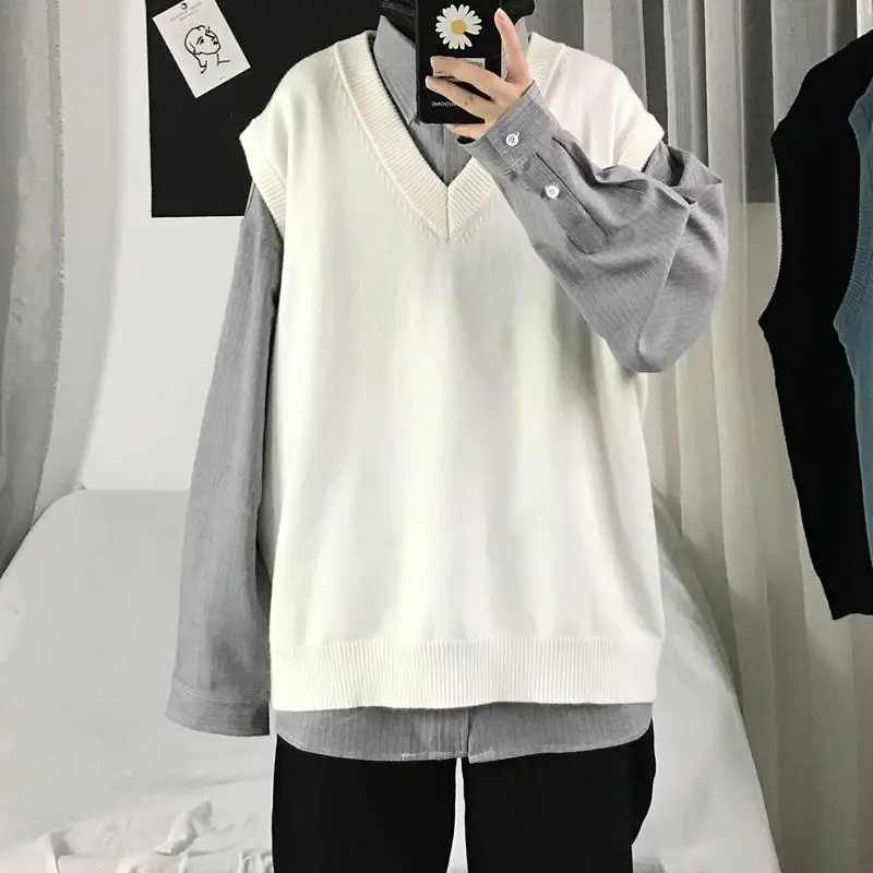 Sweater Vest Men V-neck Solid Color All-match Design Baggy Teens Knitting Japanese Design Retro College Fashion Sweater Vest G60