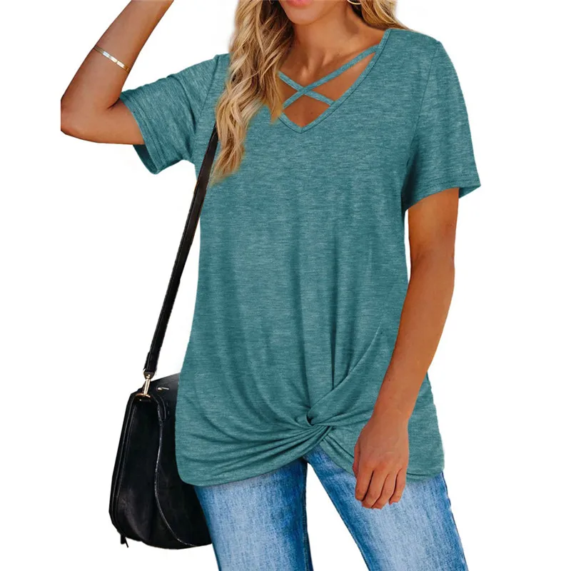 

Solid Color Cross V-Neck Women T Shirts Streetwear Casual Short Sleeve irregular Hem Women's T-Shirt 2022 New Summer Loose Tops