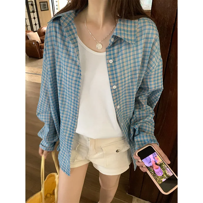 Синяя клетчатая рубашка с длинными рукавами женская летняя свободная
