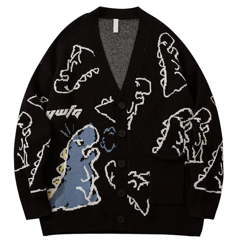 Knit Women Cardigan Harajuku Dinosaur Cardigan Men Sweater Black Vintage Oversized Cartoon Knitted Sweater Winter New Loose