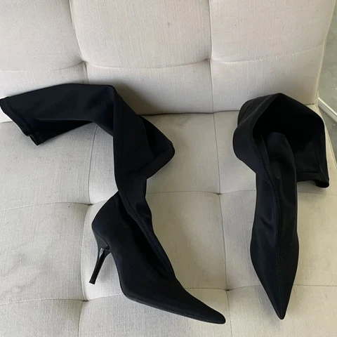 Aneikeh/пикантные сапоги до бедра с острым носком на низком каблуке, эластичные эластичные сапоги выше колена, женские ботинки Botas Mujer