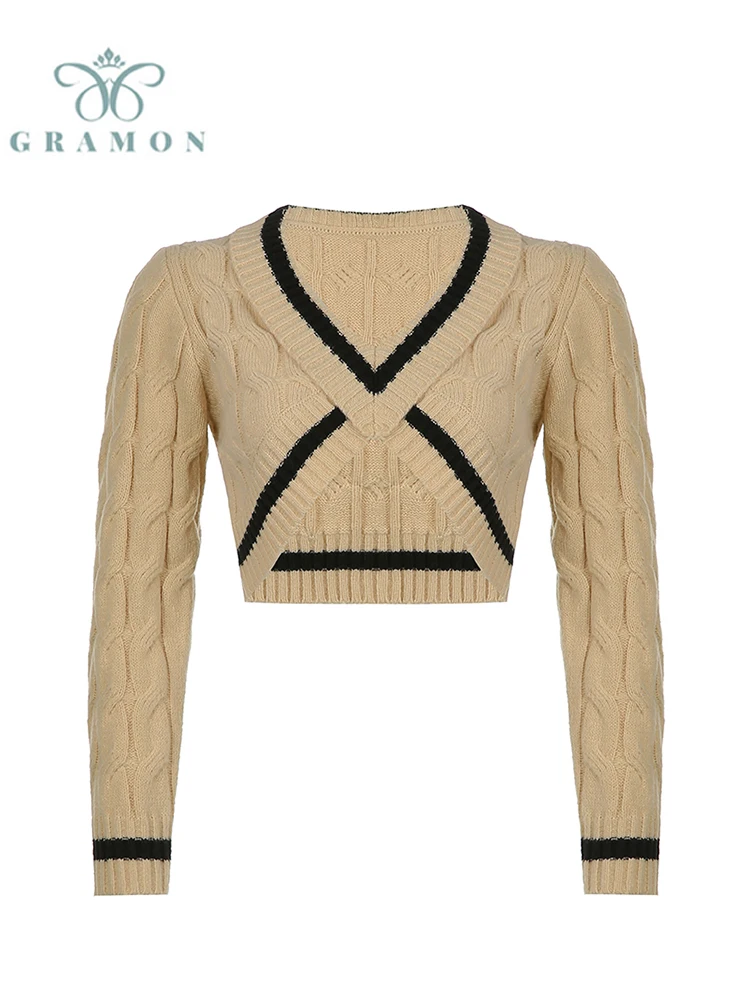 

Vintage High Street Tight Knit Short Women's Sweater 2022 Autumn Casual Long Sleeve V Neck Crop Top Female Sexy Slim Pullover