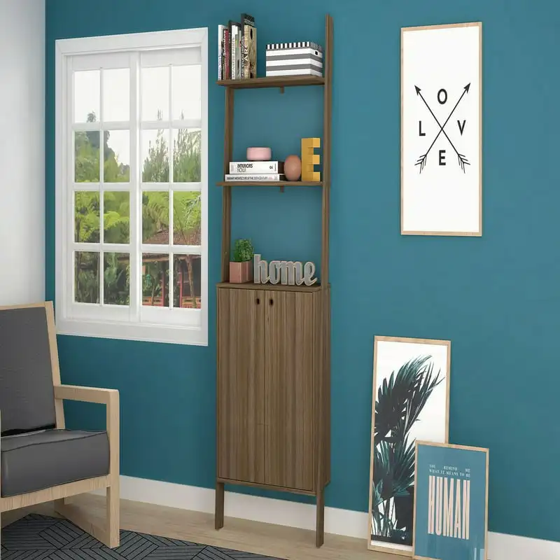 

Stylish Boho Oak 2-Tier Ladder Display Cabinet with 2 Floating Shelves, Perfect for Showcasing Your Books and Decorations.