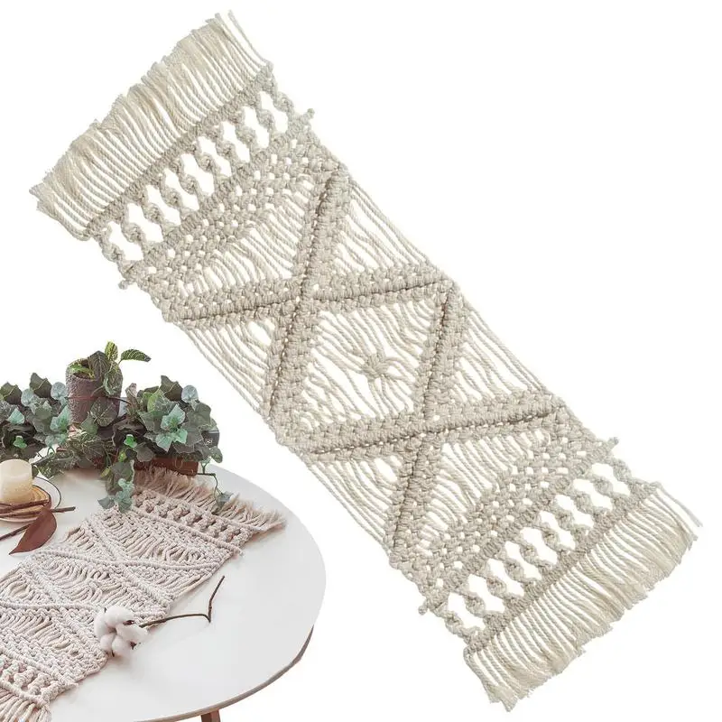 

Bohemian Table Runner Handmade Table Mat Tapestry Hand-woven Macrame Table Runner Mat With Tassels Wedding Party Home Decor
