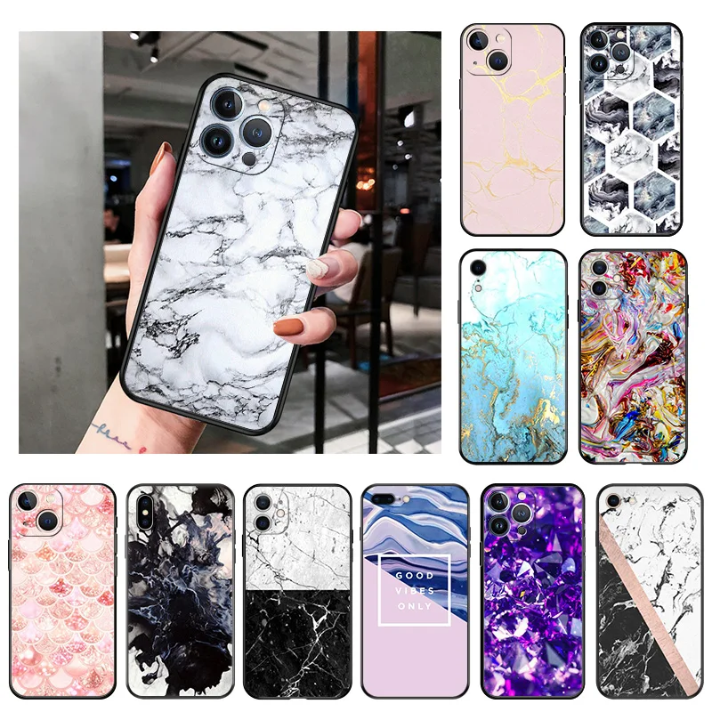 

Silicone Black Phone Cases Cover for iPhone 11 14 Pro Max 12 13 Mini XR SE 7 8 6 6s Plus XS X 11Pro Watercolour Geometric Marble