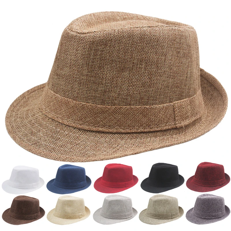 

Retro Cotton linen Jazz Hat Women Men wide Brim Flat Top Jazz Hat Spring Summer Sun Protection Panama hat gentleman fedora Hats