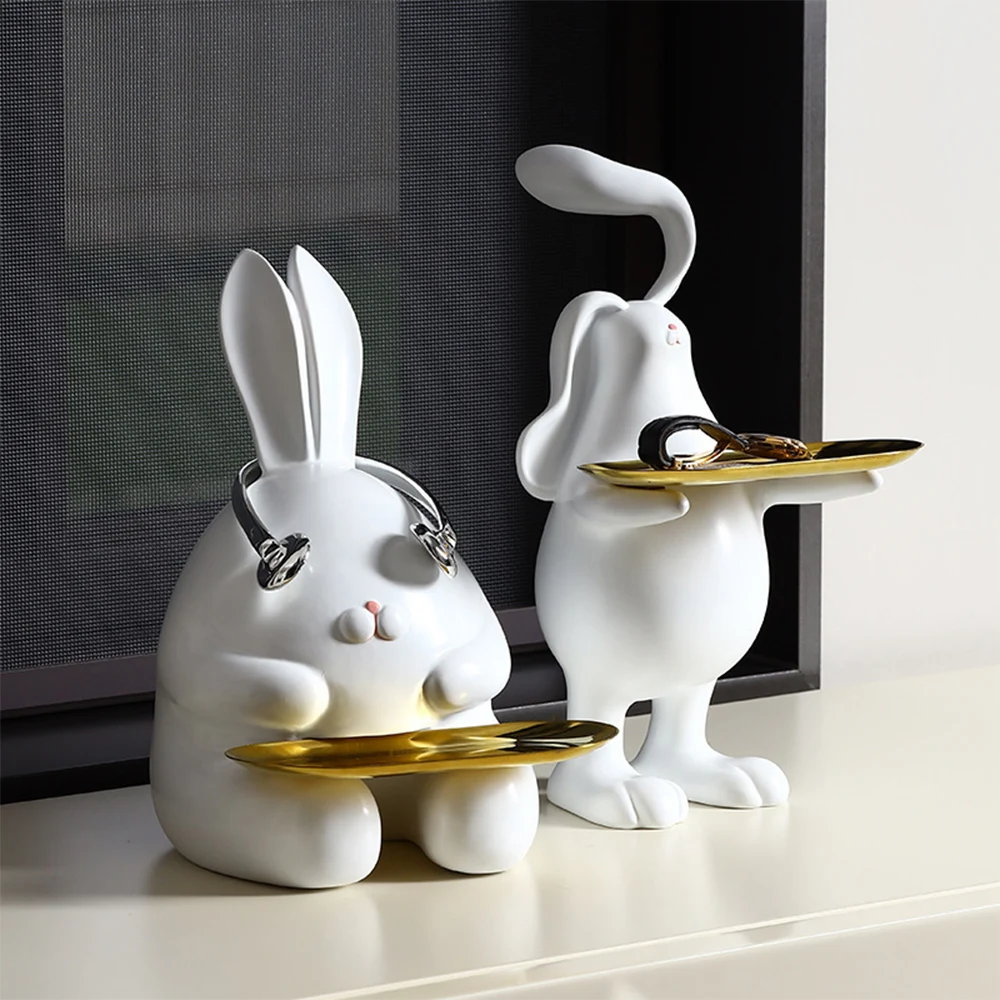 

Nordic Music White Rabbit Figurine Storage Tray Home Decoration Resin Animal Statue Living Room Decor Ornament Gift for Children