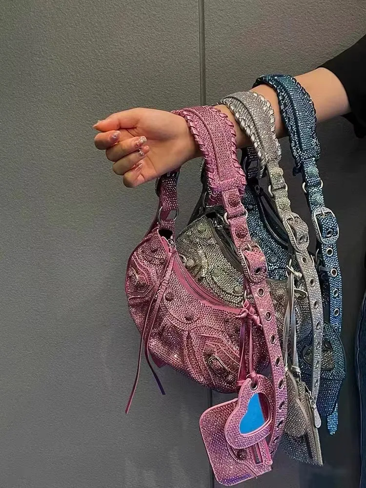 Famous Designer Of Luxury Brands With The Same Shiny Diamond-studded Motorcycle Bag Diamond Rivet Shoulder Bag 2023 New Bag