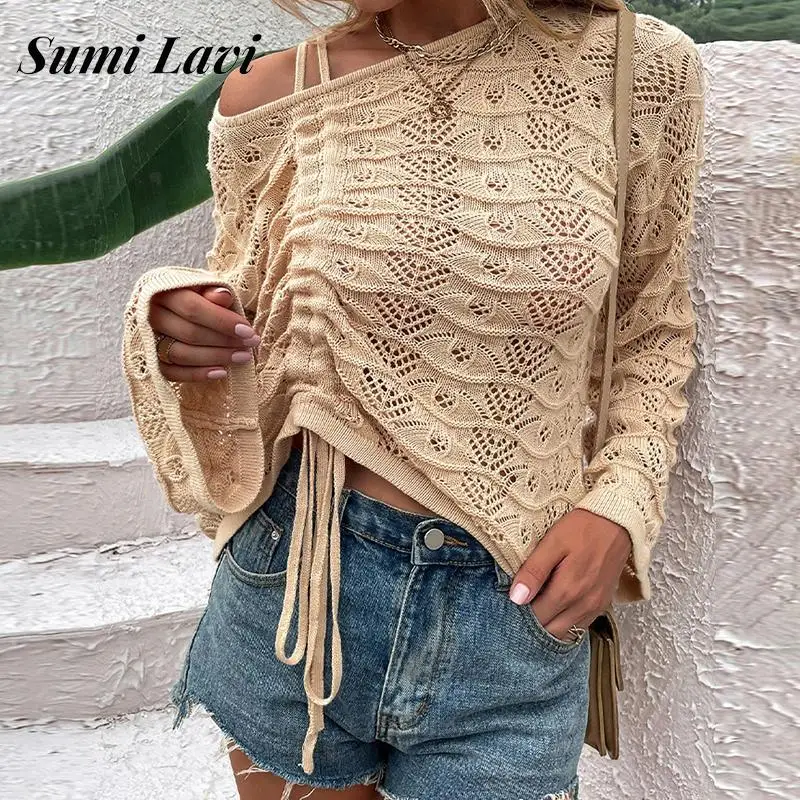 

Fashion Solid Long Sleeve Hollow Knitted Sweater Sexy Diagonal Collar Off Shoulder Sweater Elegant Drawstring Pleated Pullover