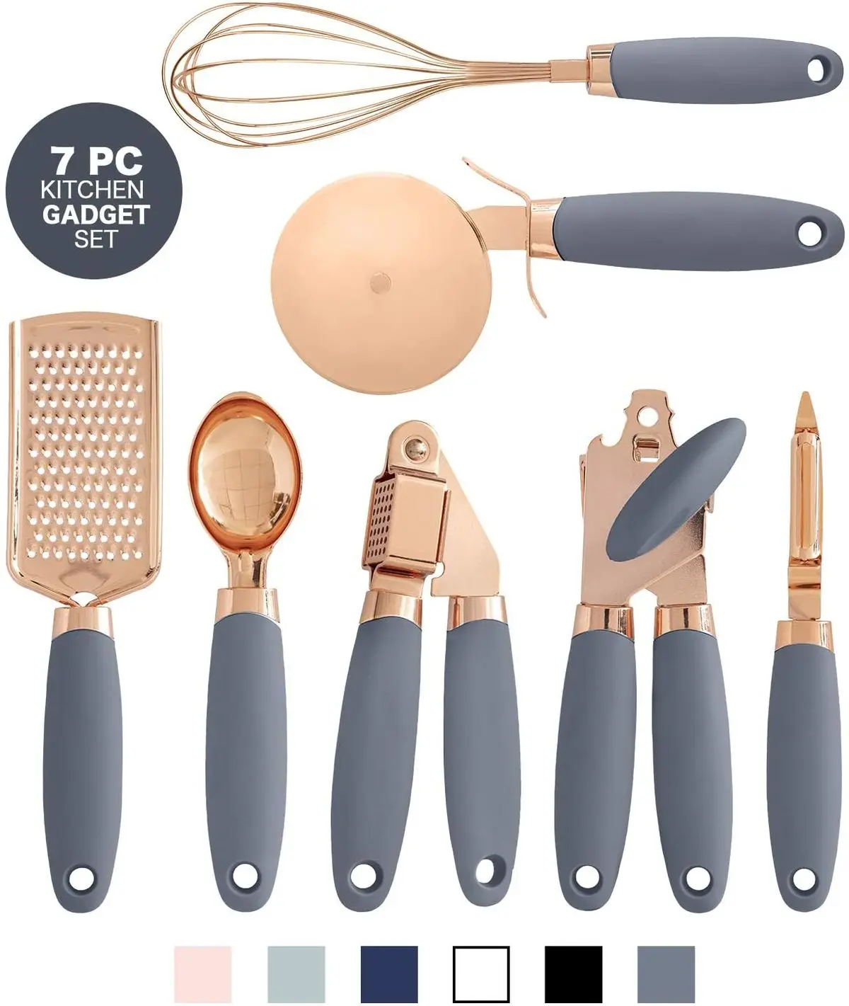 

7 Pc Kitchen Gadget Set Copper Coated Stainless Steel Utensils ice scream scoop peeler garlic press cheese grater whisk