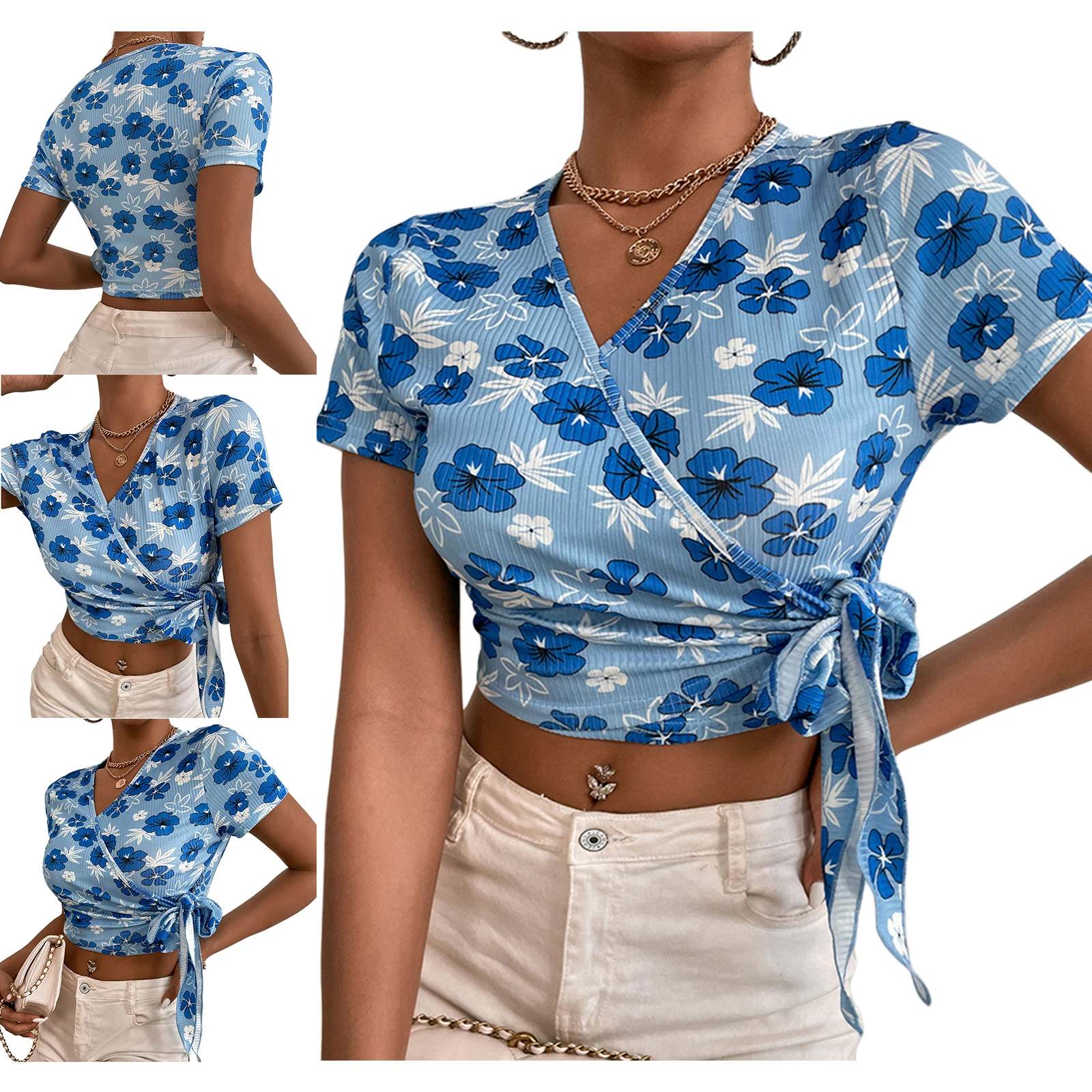 

Летняя модная женская футболка с коротким рукавом и V-образным вырезом